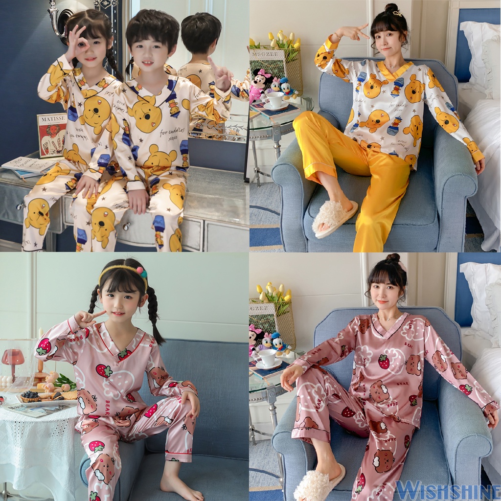Bộ Đồ Ngủ Vải Lụa Satin Tay Dài Cổ Chữ V Thời Trang Cho Mẹ Và Bé