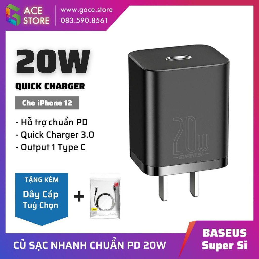 Củ sạc nhanh 20W cho IPhone 12 Baseus Super Si Quick Charger (Kèm Dây Cáp Sạc 20W)