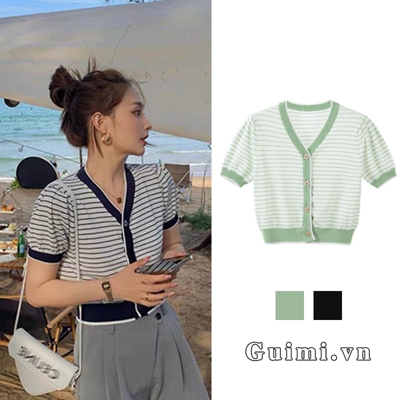 Áo Cardigan Ngắn Tay Kẻ Sọc Màu Sắc Trơn Phong Cách Retro Hàn Quốc