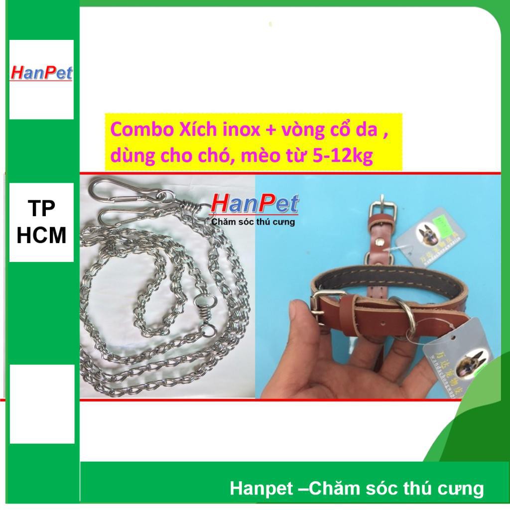 Hanpet.GV- (size 2) Combo Xích inox CHỐNG GỈ + vòng cổ da xịn , Xích chó trung dùng cho chó, mèo từ 5- 15kg (- 335b)