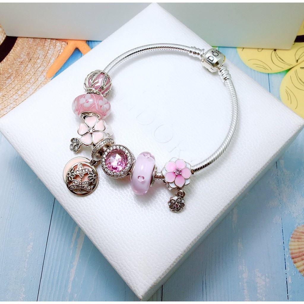 Pandora Vòng Tay Mạ Bạc 925 Đính Hạt charm Màu Hồng Đáng Yêu