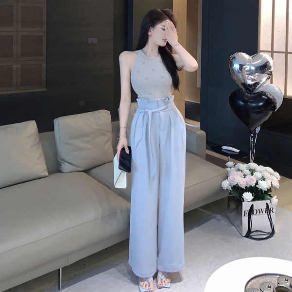 Set Áo Hai Dây Dệt Kim + Quần Short Lưng Cao Phong Cách Hàn Quốc Cho Nữ