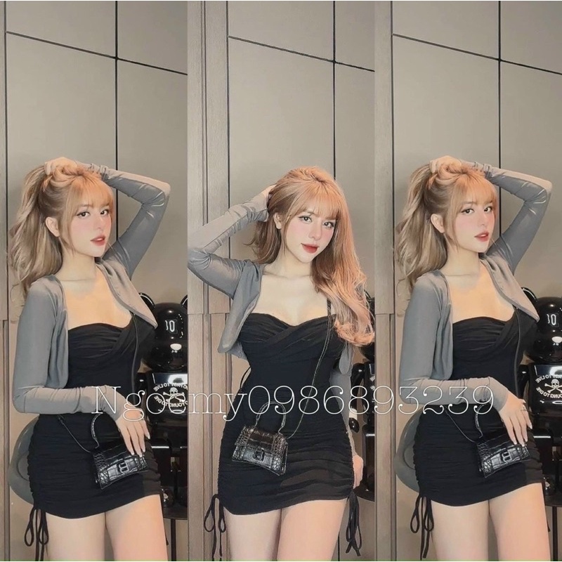 Set Đầm 2 Dây Xoén Ngực Nhún Rút 2 Bên Kèm Khoác Croptop Siêu Phẩm 4567