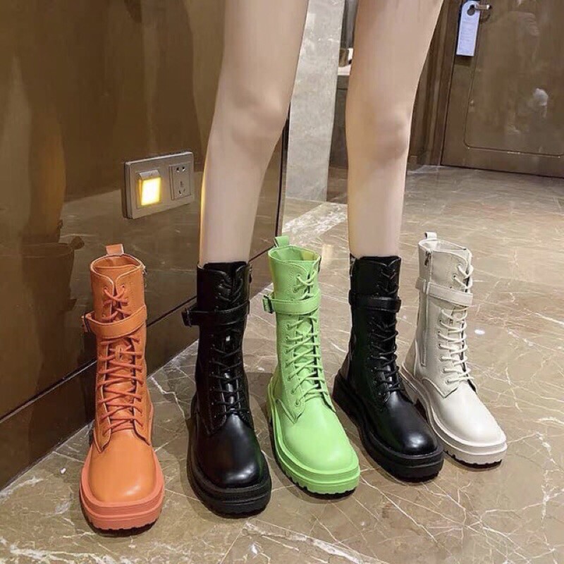 (order) giày boot nữ cao cổ 27cm đế cao 5p có quai ngang màu xanh cam