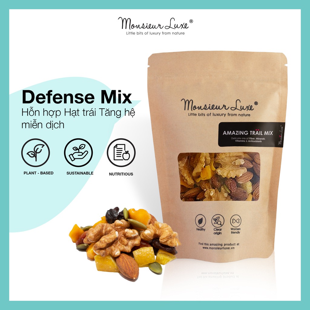 Hỗn hợp Hạt trái Luxe Tăng hệ miễn dịch (Defense TrailMix) 250g/500g - Ăn vặt Healthy Hạt Sấy lạnh và Trái cây khô