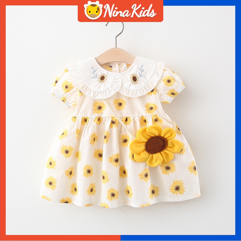 Váy  hình hoa hướng dương cổ búp bê tay ngắn có túi thời trang mùa hè cho bé gái 1-5 tuổi