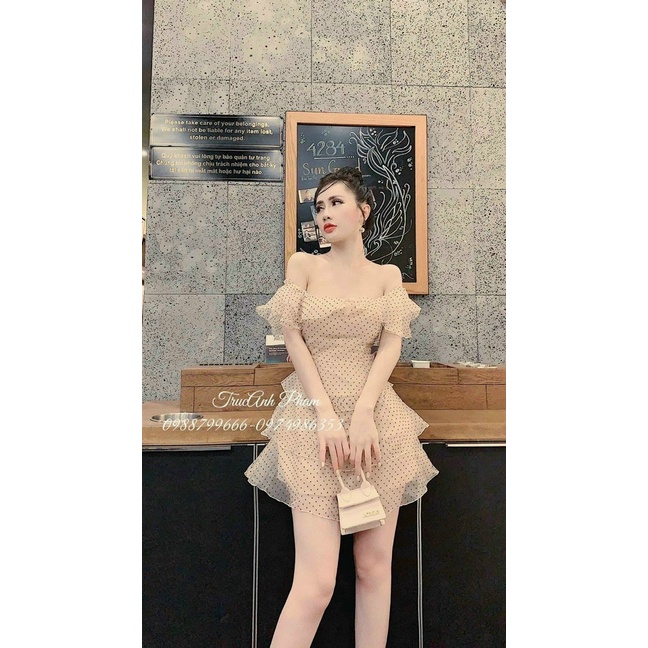 (Sale FreeShip) Đầm tiểu thư đi tiệc,đầm trễ vai thiết kế dáng xòe tầng dễ thương,tone màu nu sang chảnh hàng chuẩn shop