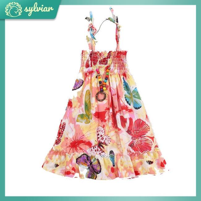 [sylviar] Đầm Công Chúa Đi Biển Xếp Ly Hai Dây + Vòng Cổ Nhiều Màu Sắc Bằng Cotton Cho Bé Gái