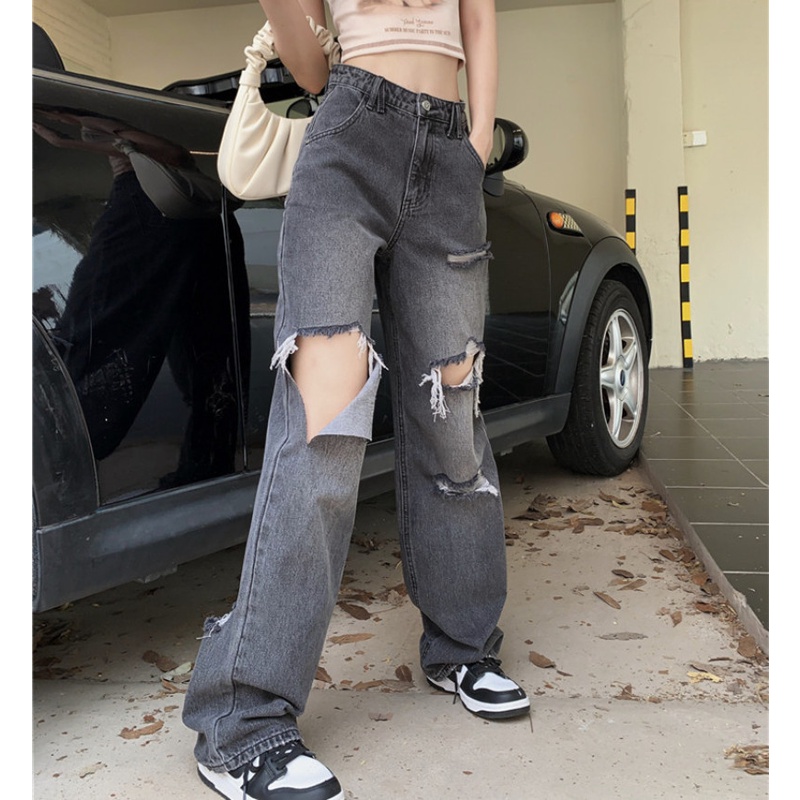 Quần Jean Nữ Ống Rộng Rách Gối Thời Trang