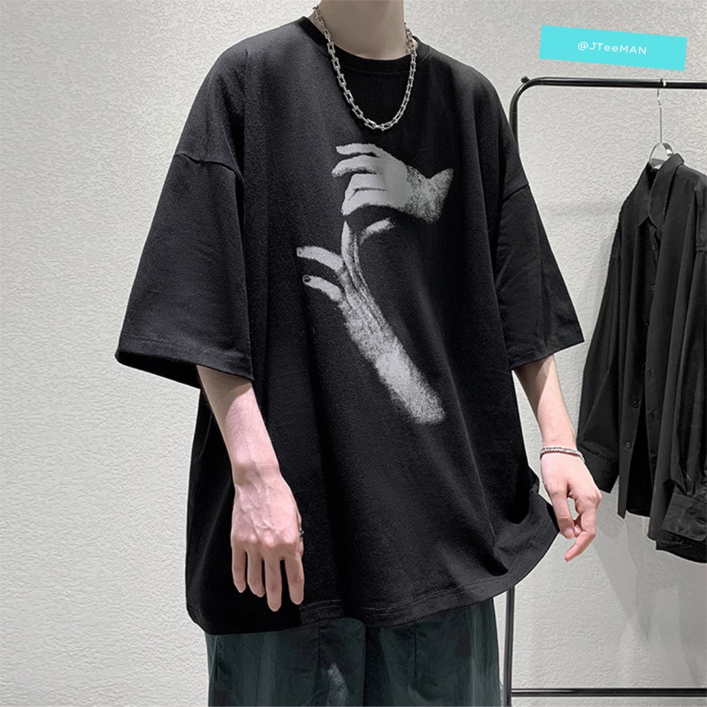 Áo thun Unisex tay lỡ form rộng in 2 bàn tay, áo phông Unisex cá tính vải cotton cao cấp 2 màu Trắng Đen JTeeMan - JT26