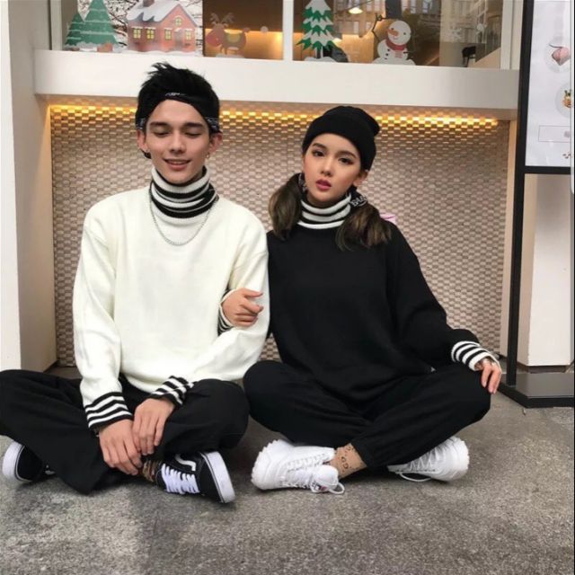 Áo Sweater Cổ Lọ Sọc Trắng Đen Unisex - Áo len cao cổ