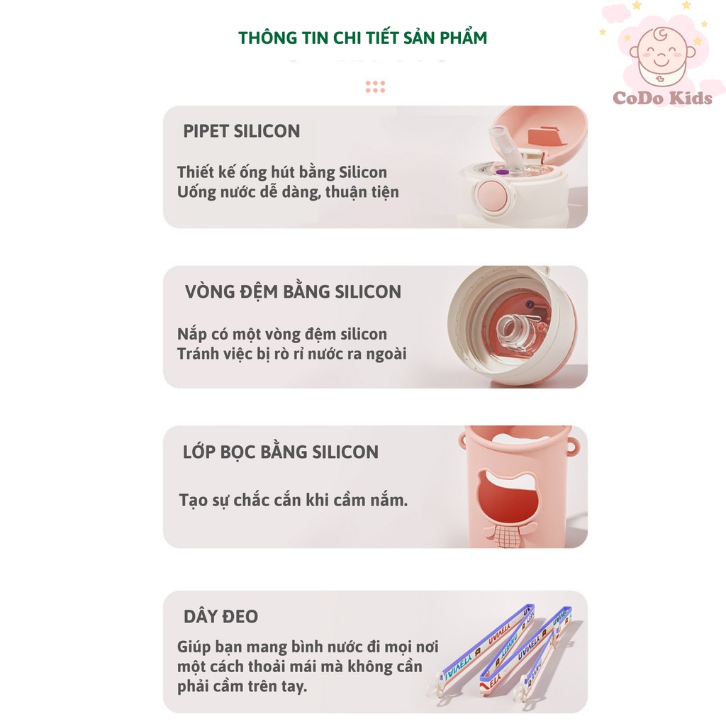 Bình Nước Cho Bé Đi Học Có Ống Hút, Bình Uống Nước Gấu Cute 620ml Kèm Sticker