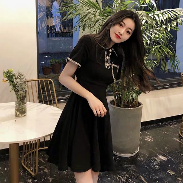 Váy phong cách retro có viền cổ tay áo _- sẵn tay ngắn S M