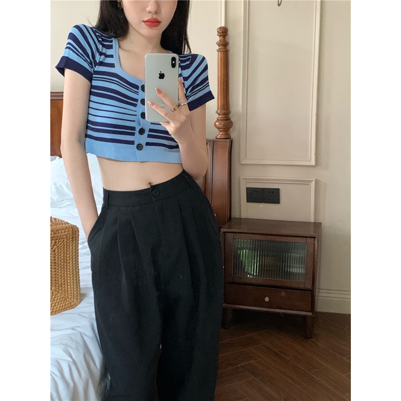 QKOOLE Áo croptop  dệt kim tay ngắn cổ vuông họa tiết kẻ sọc phong cách Hàn Quốc thời trang cho nữ