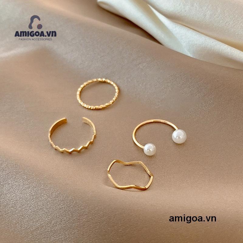 ✨✨Bộ 4 nhẫn đeo tay đính hạt ngọc trai kiểu dáng đơn giản phong cách Hàn Quốc