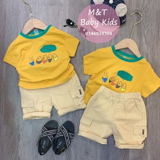 Bộ cotton bé trai màu vàng quần thô khỏe khoắn năng động