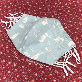 Khẩu Trang Vải 3 Lớp Thỏ Trắng Nền Xanh Vintage Nemo Handmade, Tặng Kèm Có Nút Điều Chỉnh Dây - KTPY