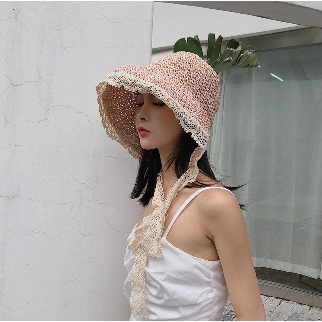 Mũ Cói Rộng Vành Phối Ren Chống Tia Uv Thời Trang Đi Biển Mùa Hè Cho Nữ Sự Bảo Vệ