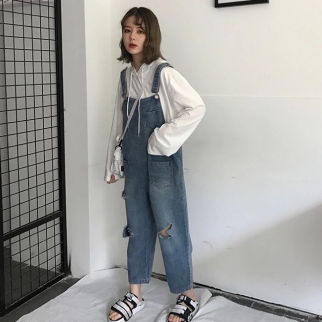 Quần yếm bò ulzzang / quần yếm retro suông rách và trơn