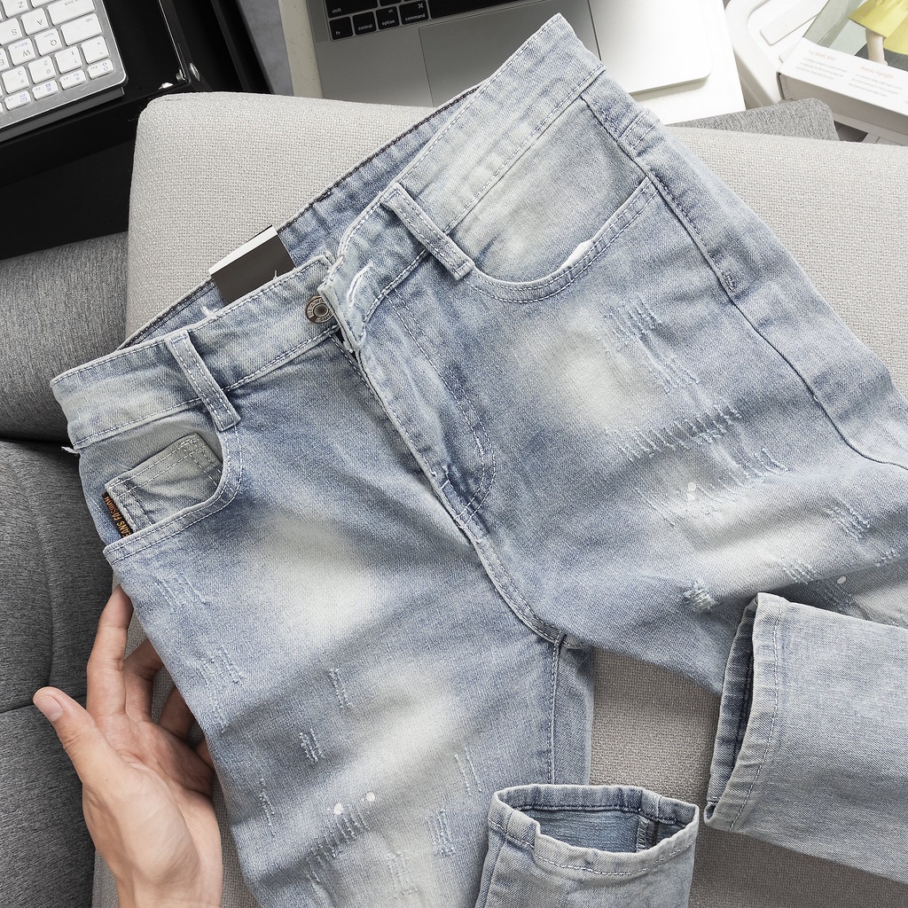 Quần Jean Nam xanh rách kết hợp vẩy sơn cá tính thời trang trẻ trung, Quần Bò Nam cao cấp chất jeans co giãn phong cách