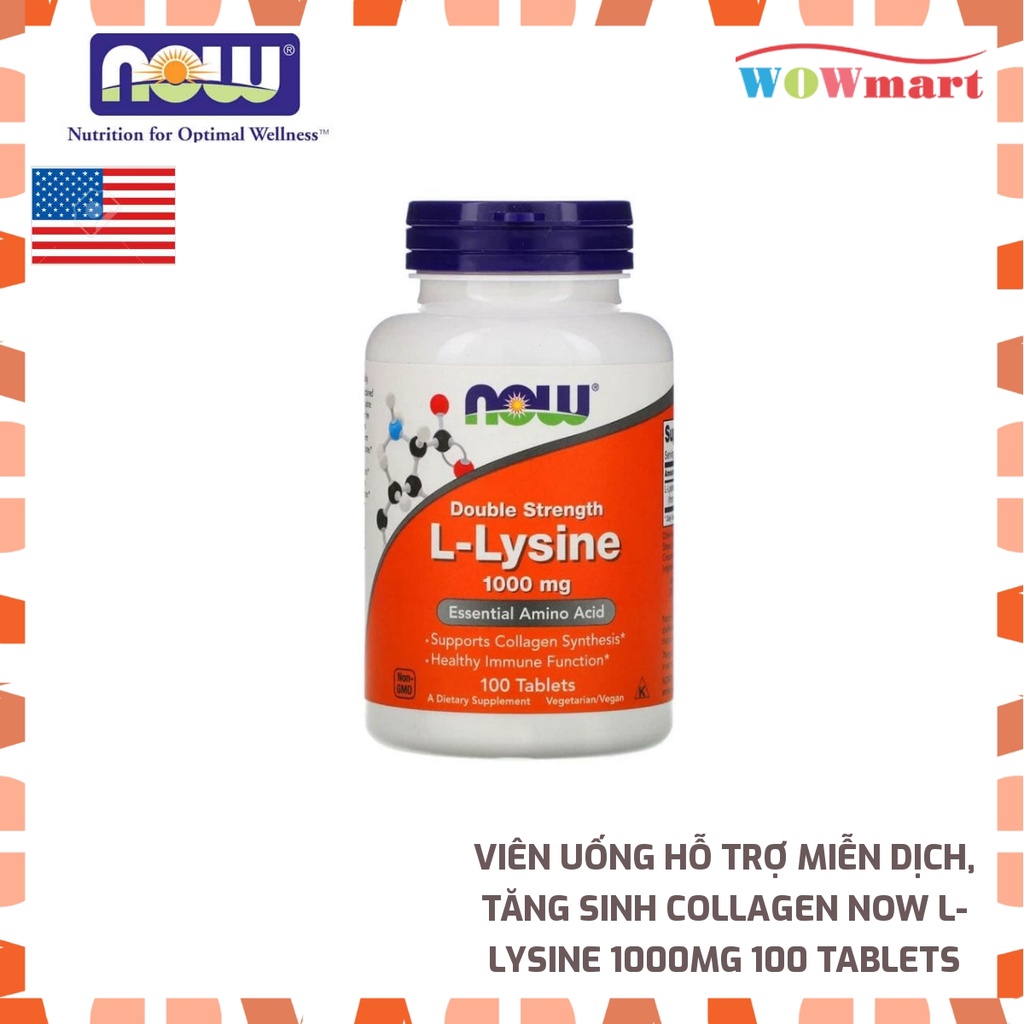Viên uống hỗ trợ miễn dịch, tăng sinh Collagen Now L-Lysine 1000mg 100 Tablets