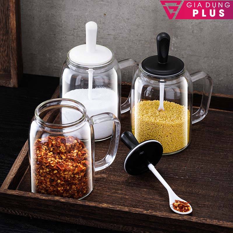 Lọ Đựng Gia Vị Thìa Liền Nắp Có Tay Cầm Thuỷ Tinh Borosilicate 380ML | Mẫu Mới 2021 | KUAKE