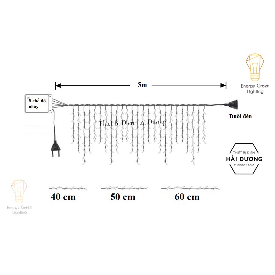 Đèn nháy thả rèm Energy Green Lighting trang trí 8 chế độ DL456 Ngang 4,5 mét 19 dây thả xuống 40,50,60 cm Có đầu nối