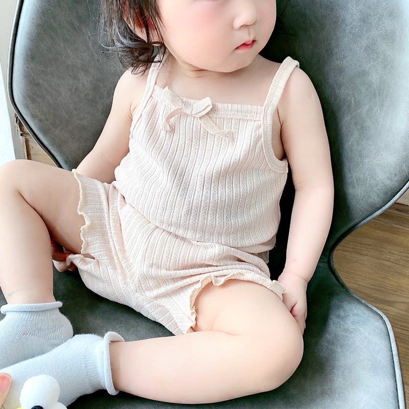 Bộ quần áo bé gái, Set bộ áo hai dây và quần short sọc tăm chất thun cotton cho bé từ 7 đến 18 kg, SUN KID'S