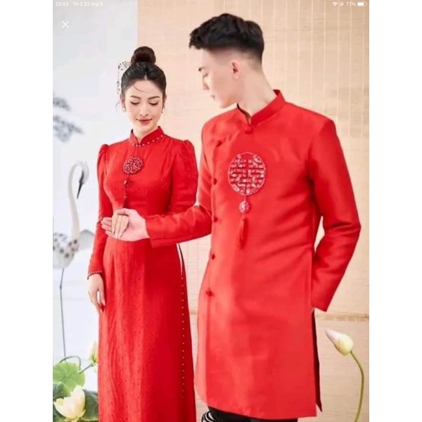 Áo dài dâu  đính hỷ cực xinh xắn