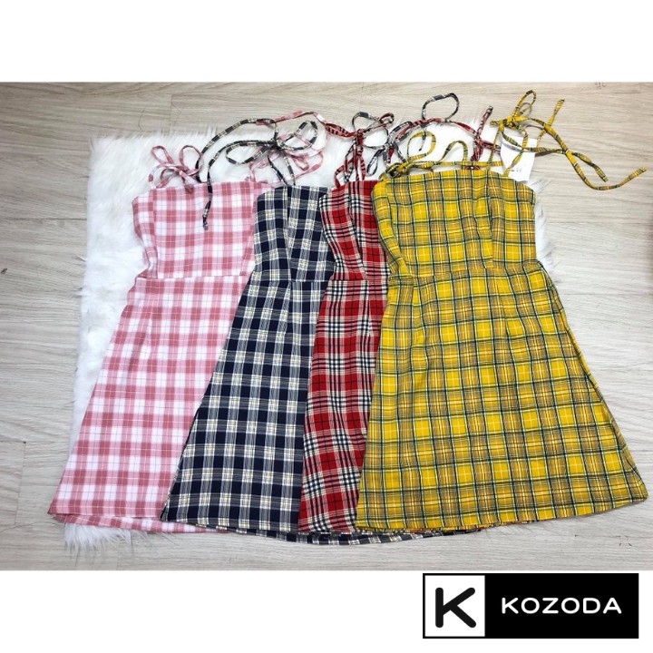 Váy 2 dây đầm dáng dài caro đẹp có chun sau đi biển Kozoda D4
