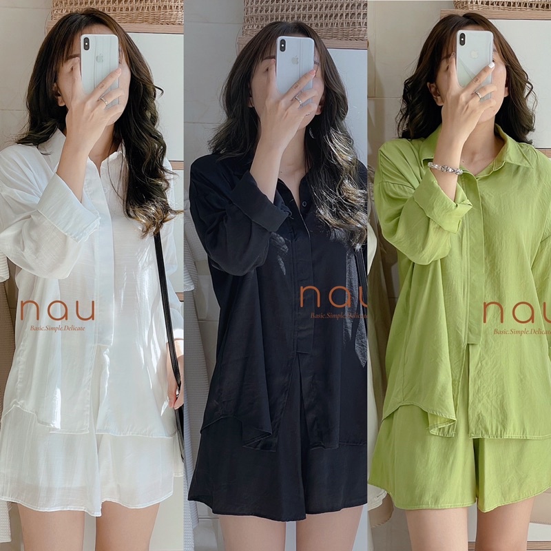 Set áo sơ mi cắt tà quần ngắn 3 màu đen/trắng/xanh