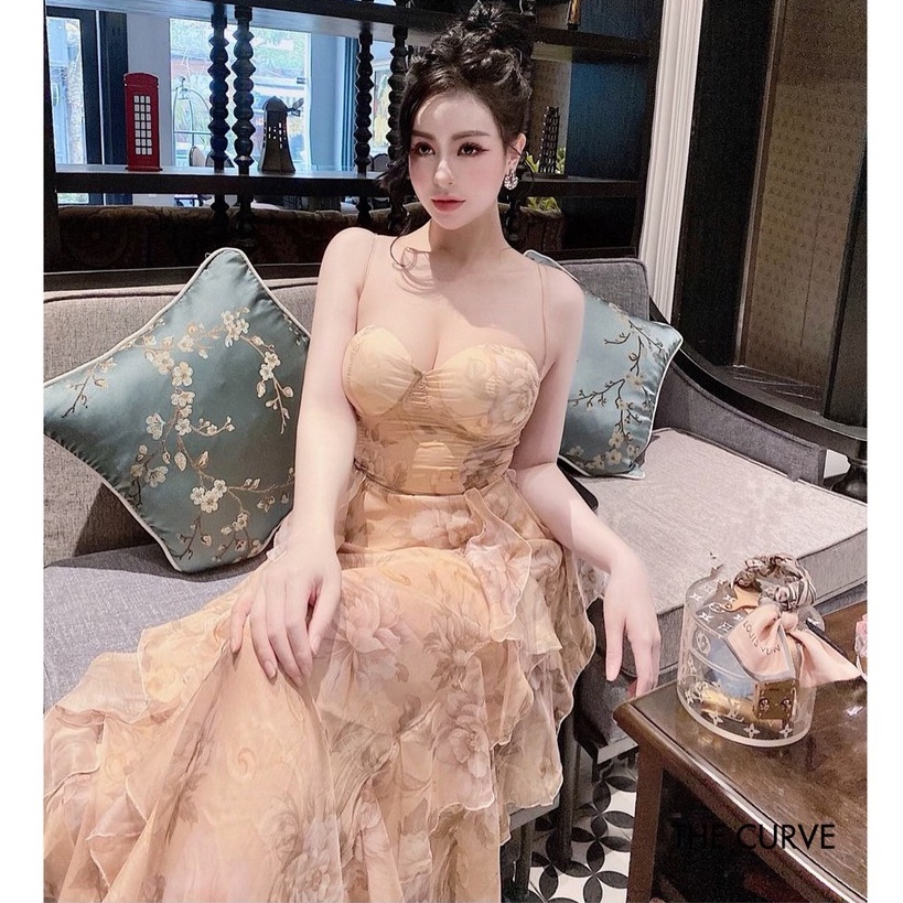 Đầm Dự Tiệc 2 Dây Chíp Eo Nơ Lưng Đuôi Bèo Xòe - 2 Màu Nude, Xanh - Vải Voan