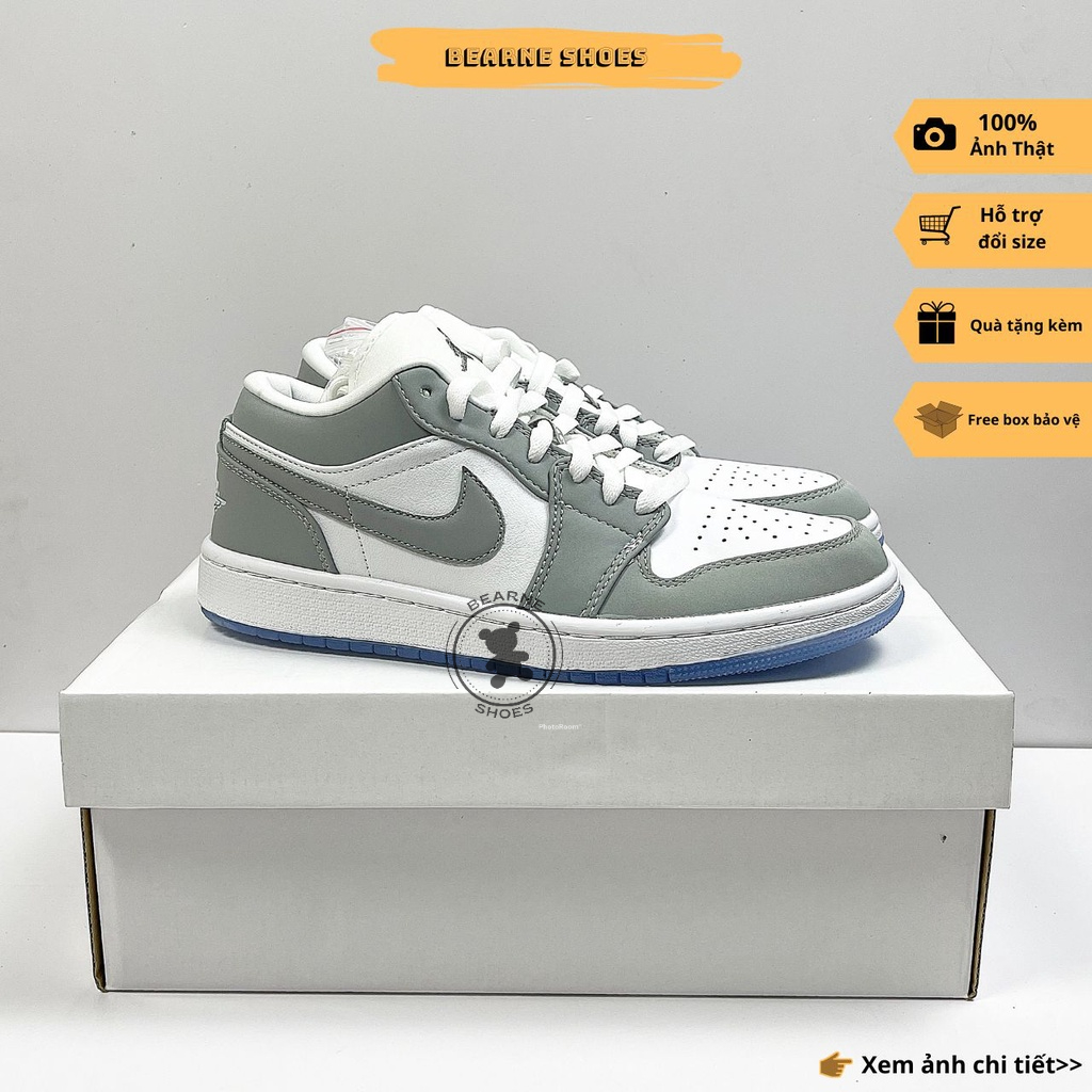 Giày Sneaker JD1 cổ thấp , Jordan1 Low White Wolf Grey, Giày Jordan 1 Low Trắng Xám Nam nữ | Bearne Shoe