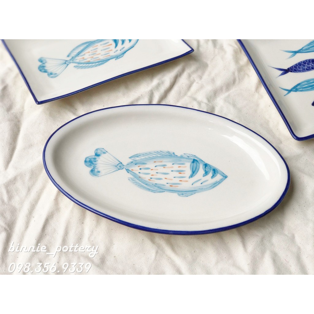 Bát, đĩa, tô sứ Bát Tràng thủ công, hoạ tiết cá Nhật