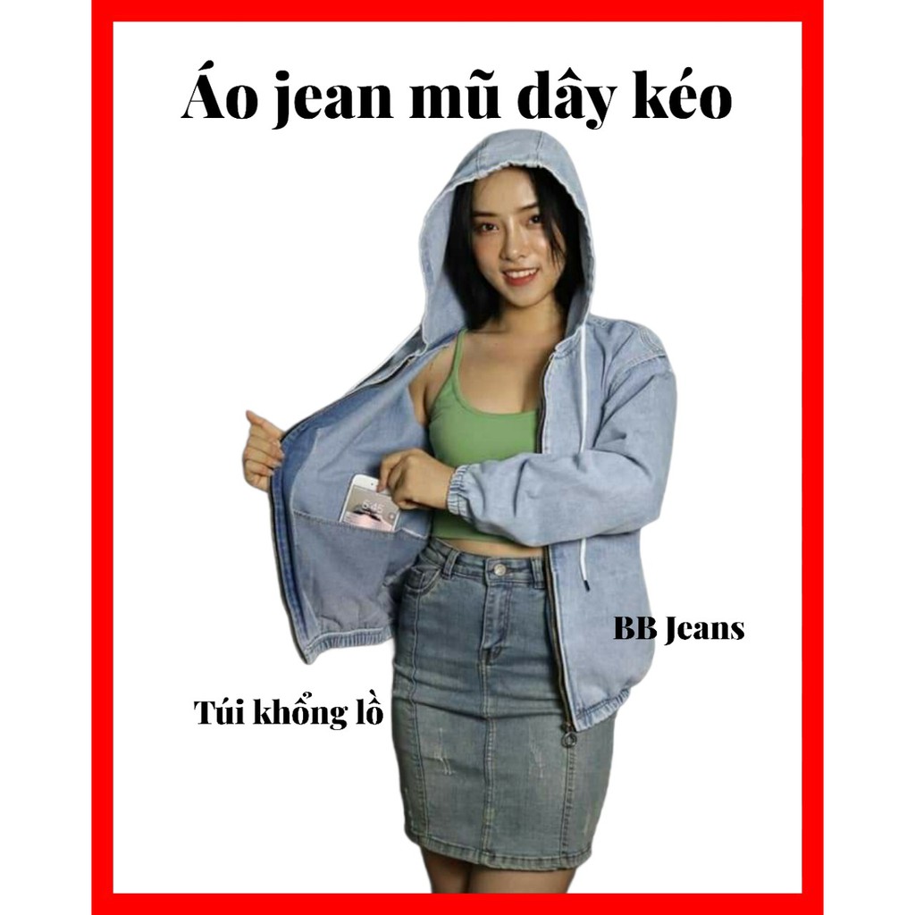 Áo khoác jean nữ có mũ dây kéo túi khổng lồ FAH Daniel 4 túi đẹp rộn ràng Panda Store