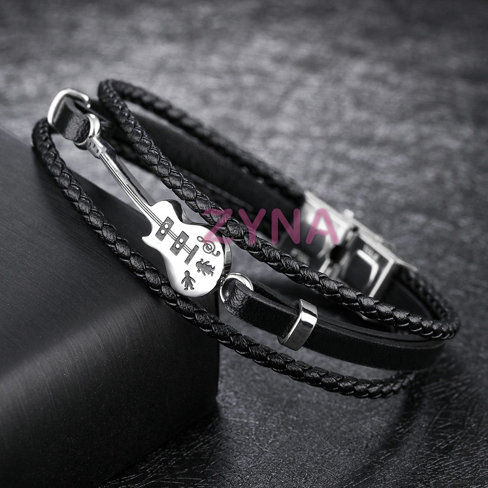 Vòng tay dây da bện nhiều lớp mặt hình đàn guitar 21cm thời trang cho nam