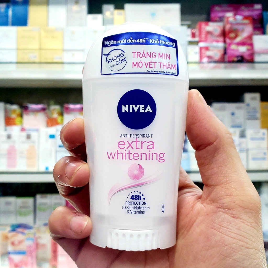 Sáp khử mùi Nivea Extra Whitening, ngăn mùi 48h, khô thoáng, trắng mịn mờ vết thâm 40ml