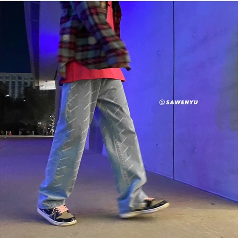 Quần jean ống rộng size lớn phong cách âu mỹ cho nam nữ Hip-Hop Printed Loose Jeans