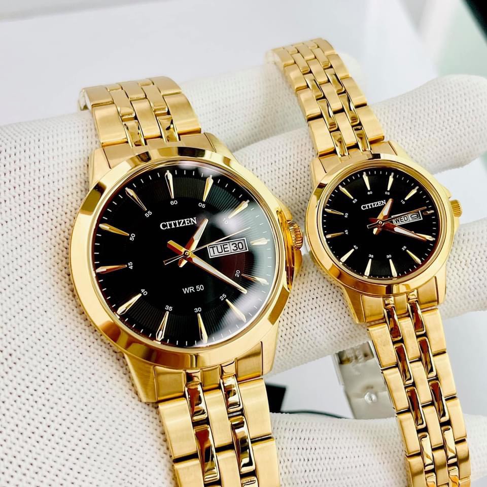 ĐỒNG HỒ CẶP NAM NỮ CITIZEN BF2013-56E & EQ0603-59E SIZE 41MM & 28MM đồng hồ dây sắt mặt đen mạ vàng sang trọng lịch ngày