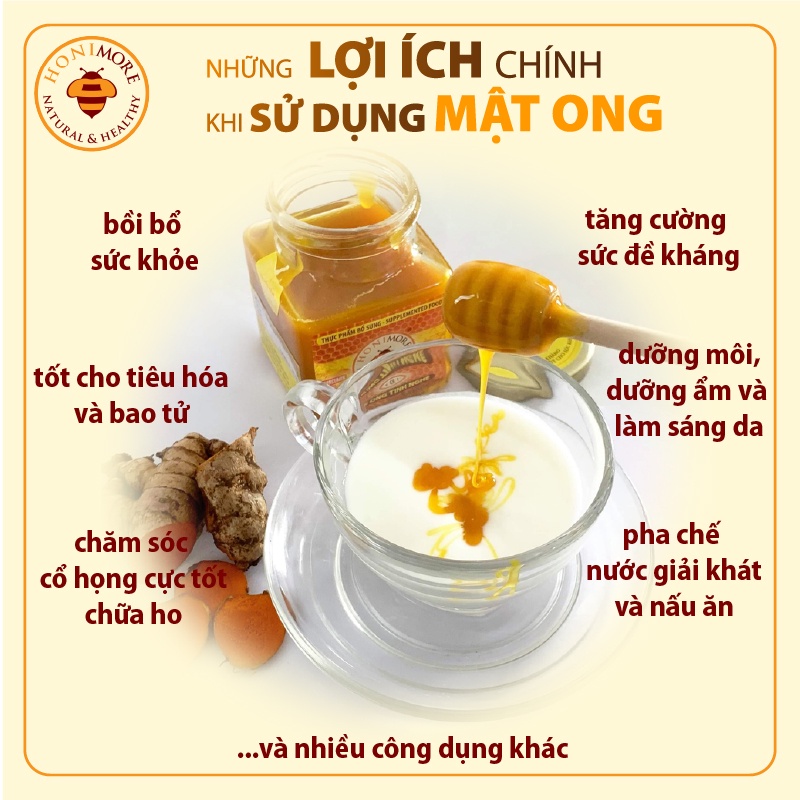 Set 2 hũ Mật ong tinh nghệ Honimore 360g - mật ong nguyên chất phối trộn tinh nghệ giúp tiêu hoá tốt