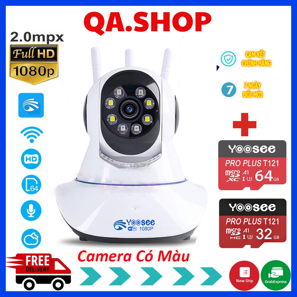 Camera Yoosee trong nhà có màu, xoay 360 độ, Full HD 1080P - Camera 3 râu kèm thẻ nhớ yoosee | BH 6 Tháng