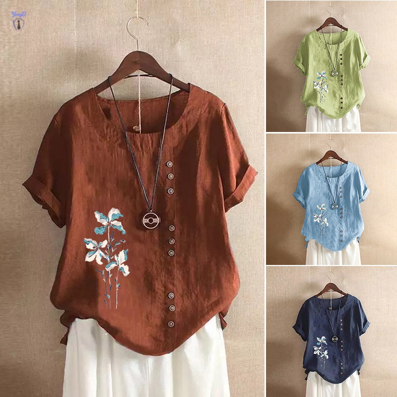 Áo sơ mi tay ngắn cổ thuyền chất liệu cotton lanh in họa tiết hoa thời trang mùa hè cho nữ size S-5XL