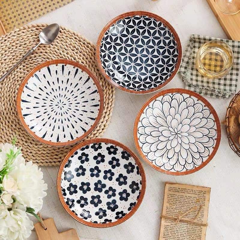 Set 4 đĩa sứ họa tiết vintage vàng size 21cm xinh xắn
