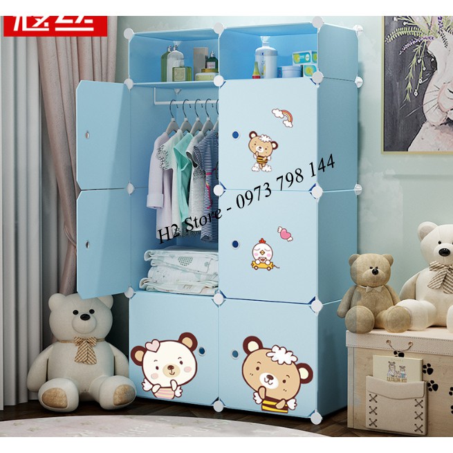 TỦ NHỰA LẮP GHÉP 6 Ô + 2 Ô NHỎ CỬA GẤU DỄ THƯƠNG ĐỂ QUẦN ÁO ĐA NĂNG THÔNG MINH sâu 47cm