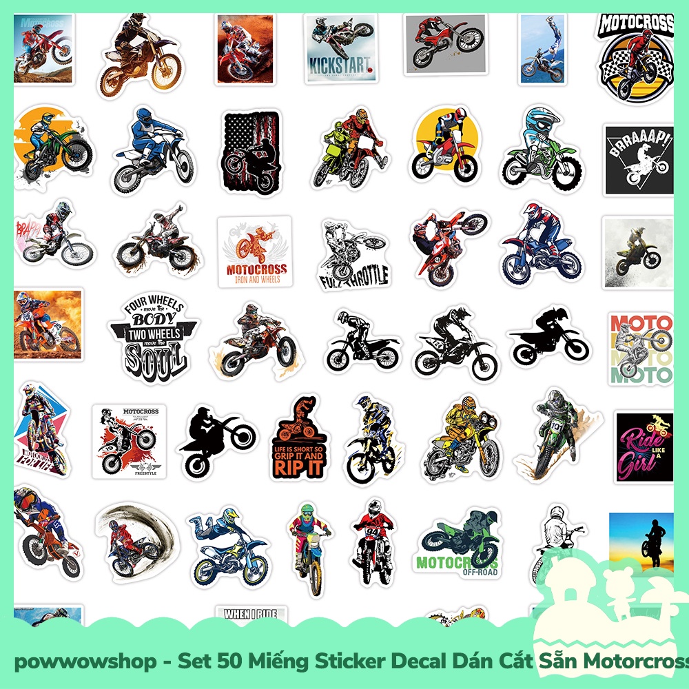 [Sẵn VN - Hỏa Tốc] Set 50 Miếng Sticker Decal Cắt Sẵn DIY Dán Trang Trí Vật Dụng Mẫu Motocross Vintage Classic