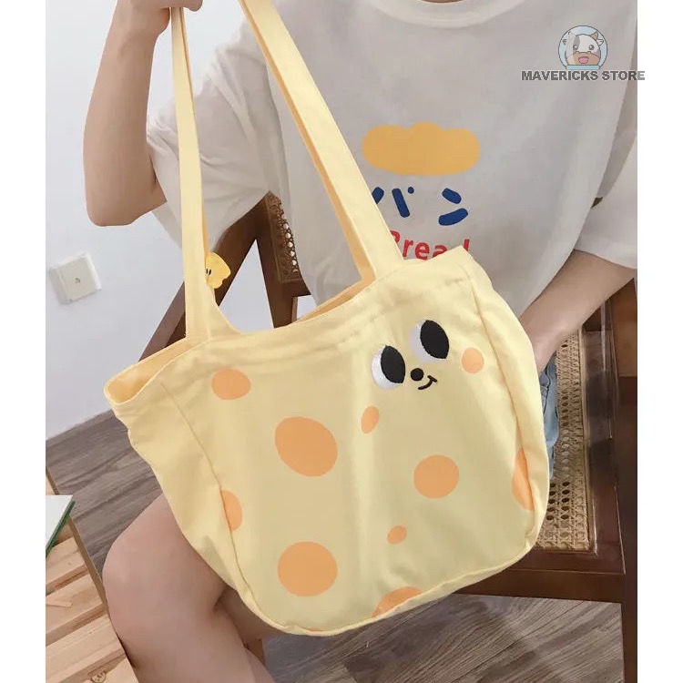 Túi đeo vai bằng vải canvas cỡ lớn in họa tiết màu vàng dễ thương phong cách Nhật Hàn cổ điển dành cho học sinh