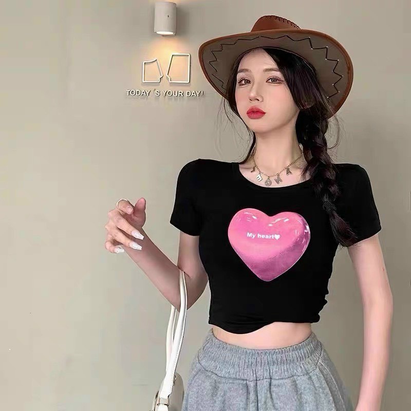 áo croptop in tim to hồng chất thun lụa na