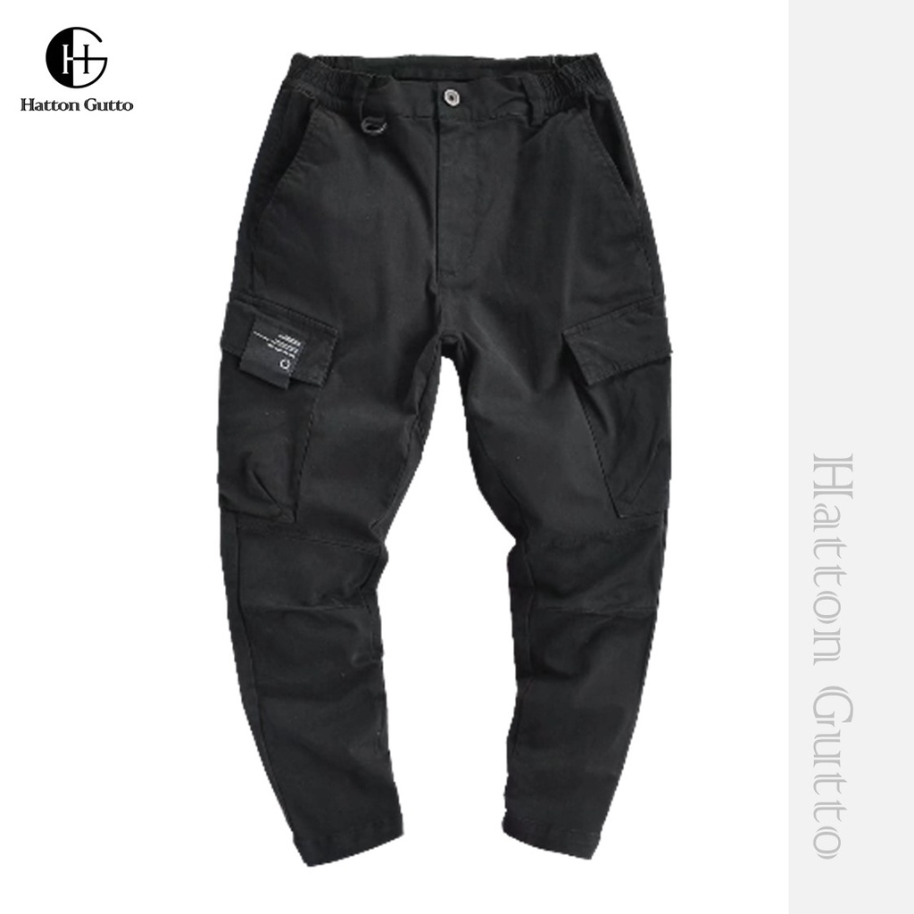 Quần dài chino HATTON GUTTO dáng suông rộng vải cotton lưng thun nhiều túi phong cách Hàn Quốc cho nam