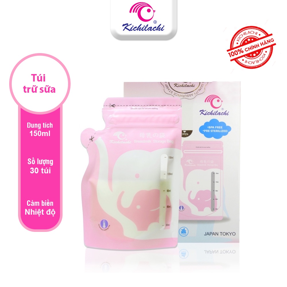 Túi trữ sữa 150ml Kichilachi - M6150 cảm biến nhiệt có khóa zip hình con voi [30 Túi/Hộp]-SHOP MẸ KHOAI