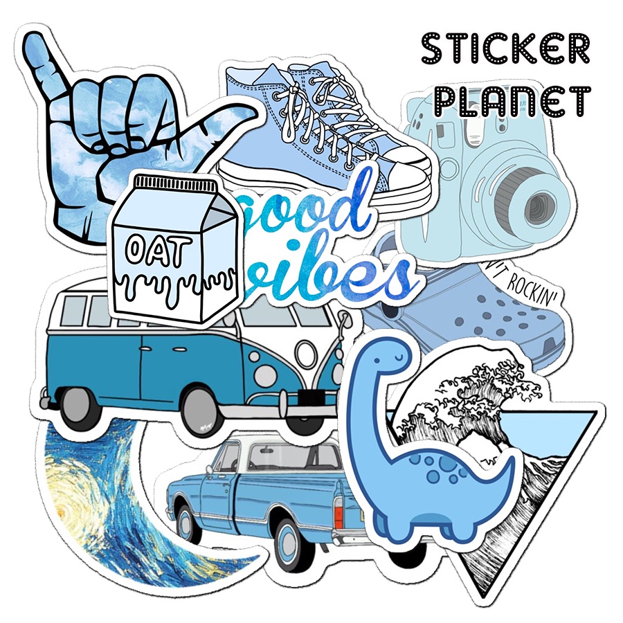 Bộ sticker chống thấm nước trang trí mũ bảo hiểm, đàn, guitar, ukulele, điện thoại laptop chủ đề màu xanh dương
